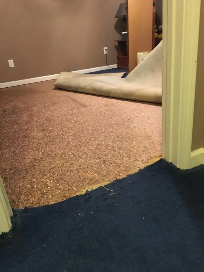Carpet pad removal revealing water damage during Water Mitigation Services in Chesapeake